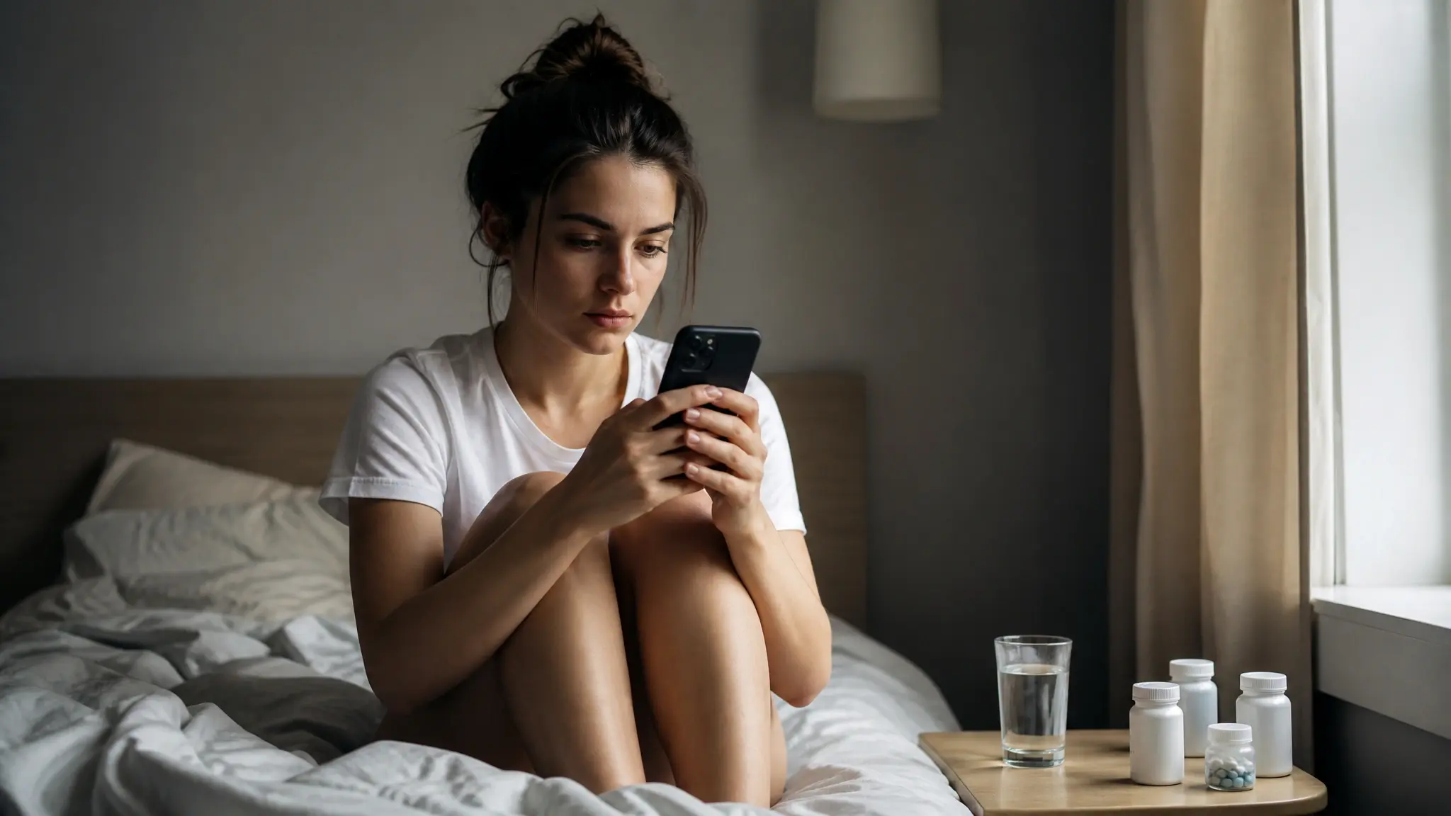Young woman sitting on an unmade bed using a smartphone with water and medication bottles nearby