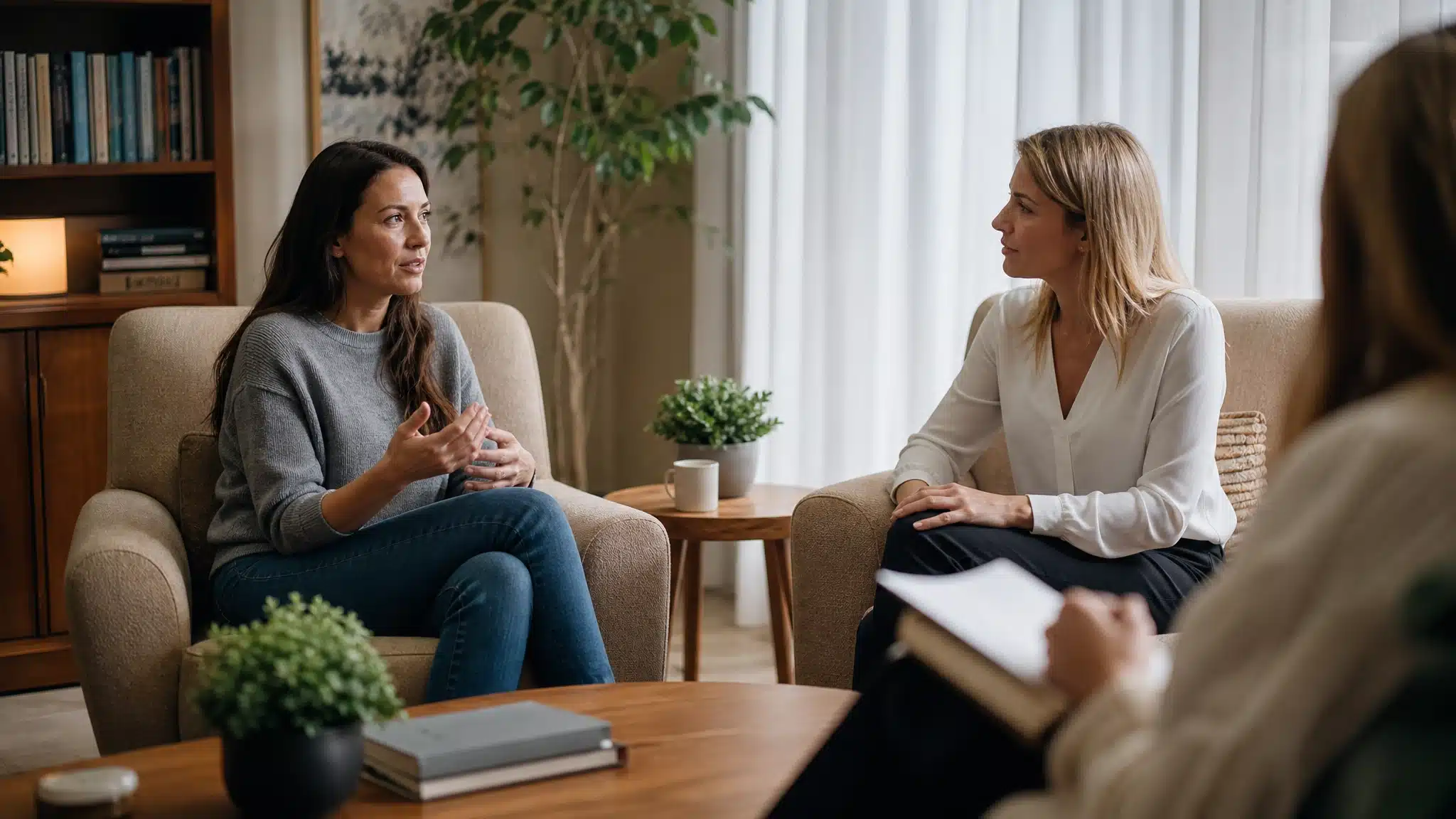 Two women having a private counseling conversation in a comfortable therapy room with a therapist taking notes in the foreground
