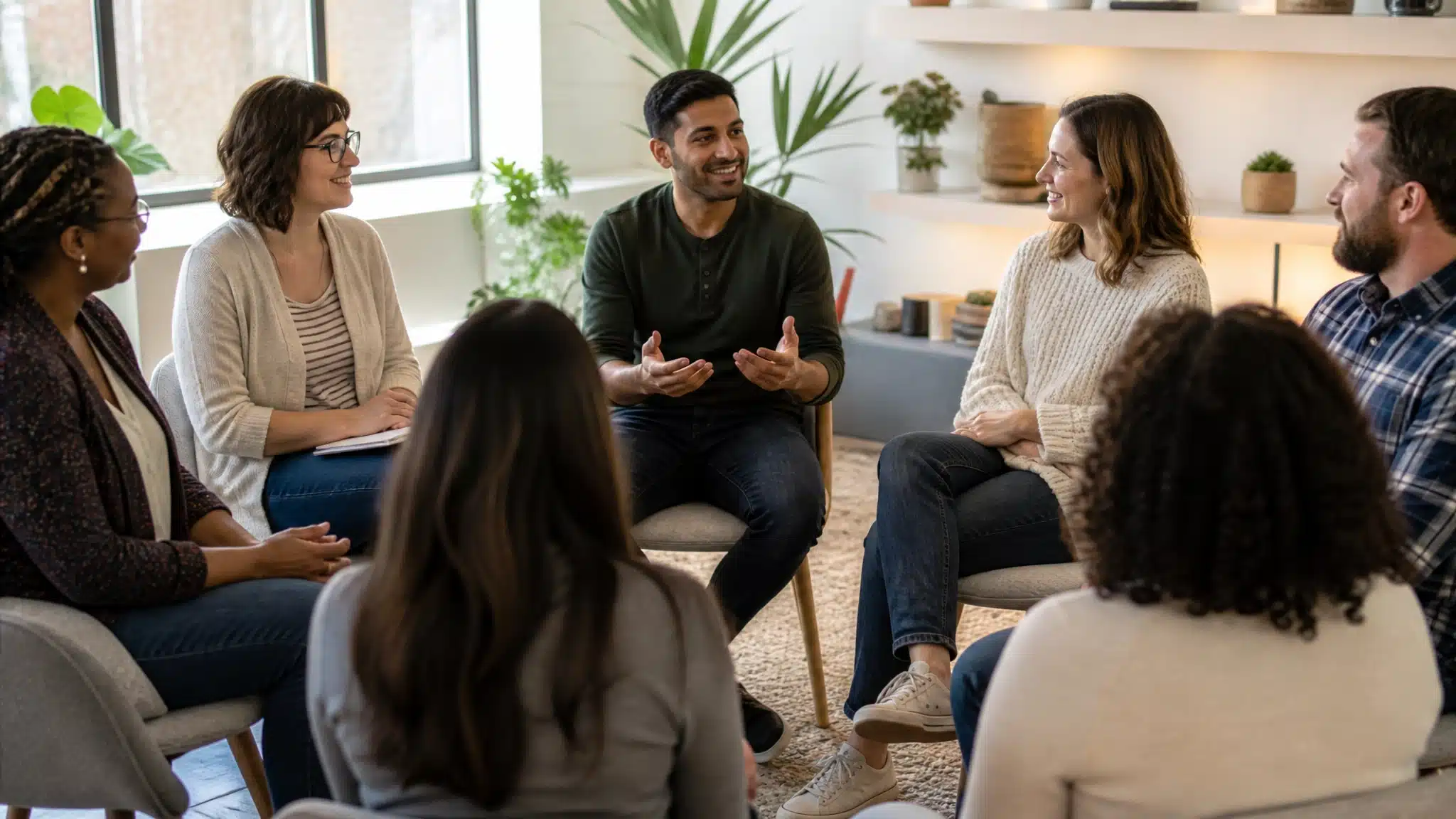 Group therapy session with diverse adults sitting in a circle and sharing thoughts in a bright, comfortable room