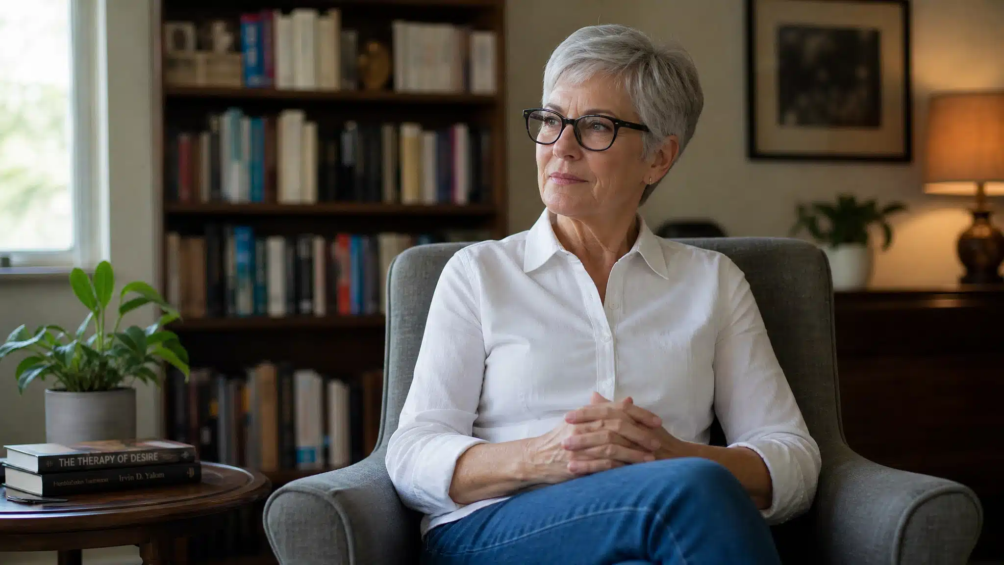 Elderly woman with short gray hair and glasses sitting thoughtfully in an armchair in a warm, book-lined room.