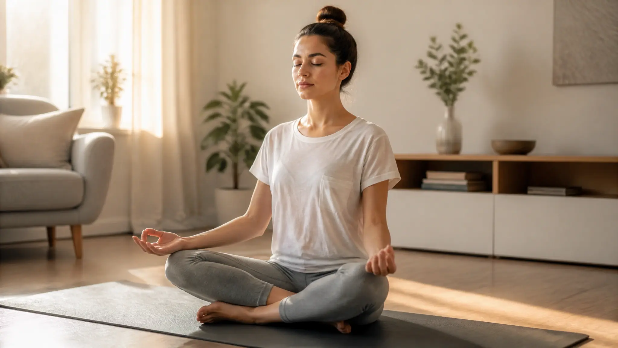 Young woman meditating cross-legged on a yoga mat in a sunlit living room