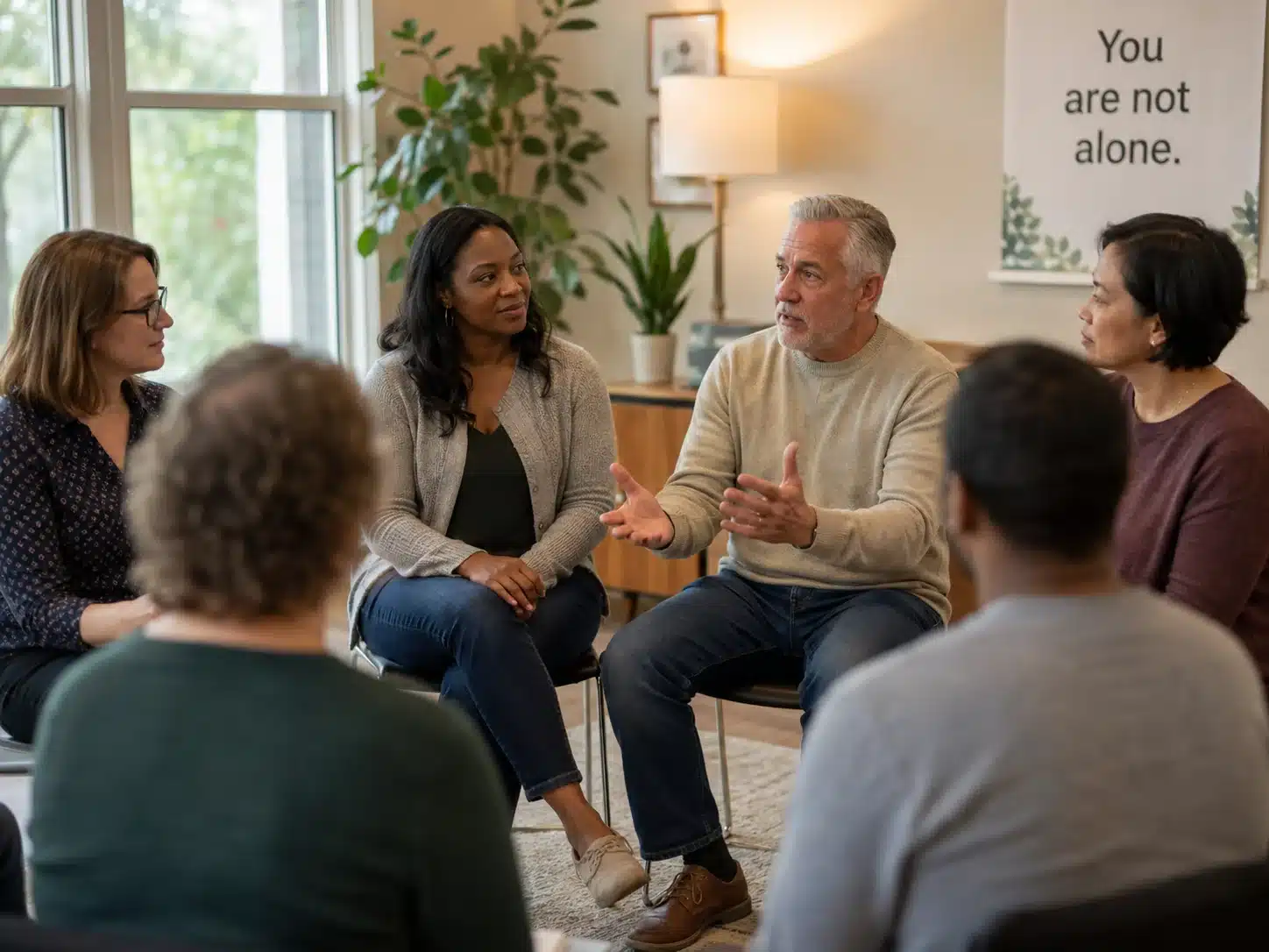 Group therapy session with adults sitting in a circle and sharing thoughts in a bright counseling room