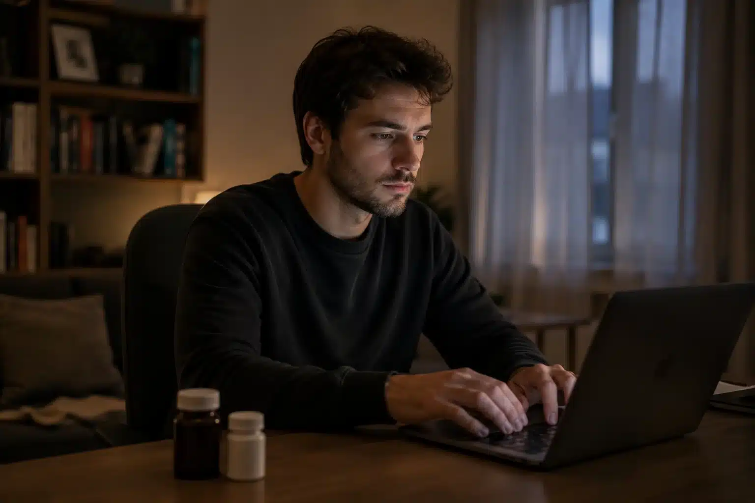 Young man using a laptop at a desk in a dimly lit room with medication bottles nearby