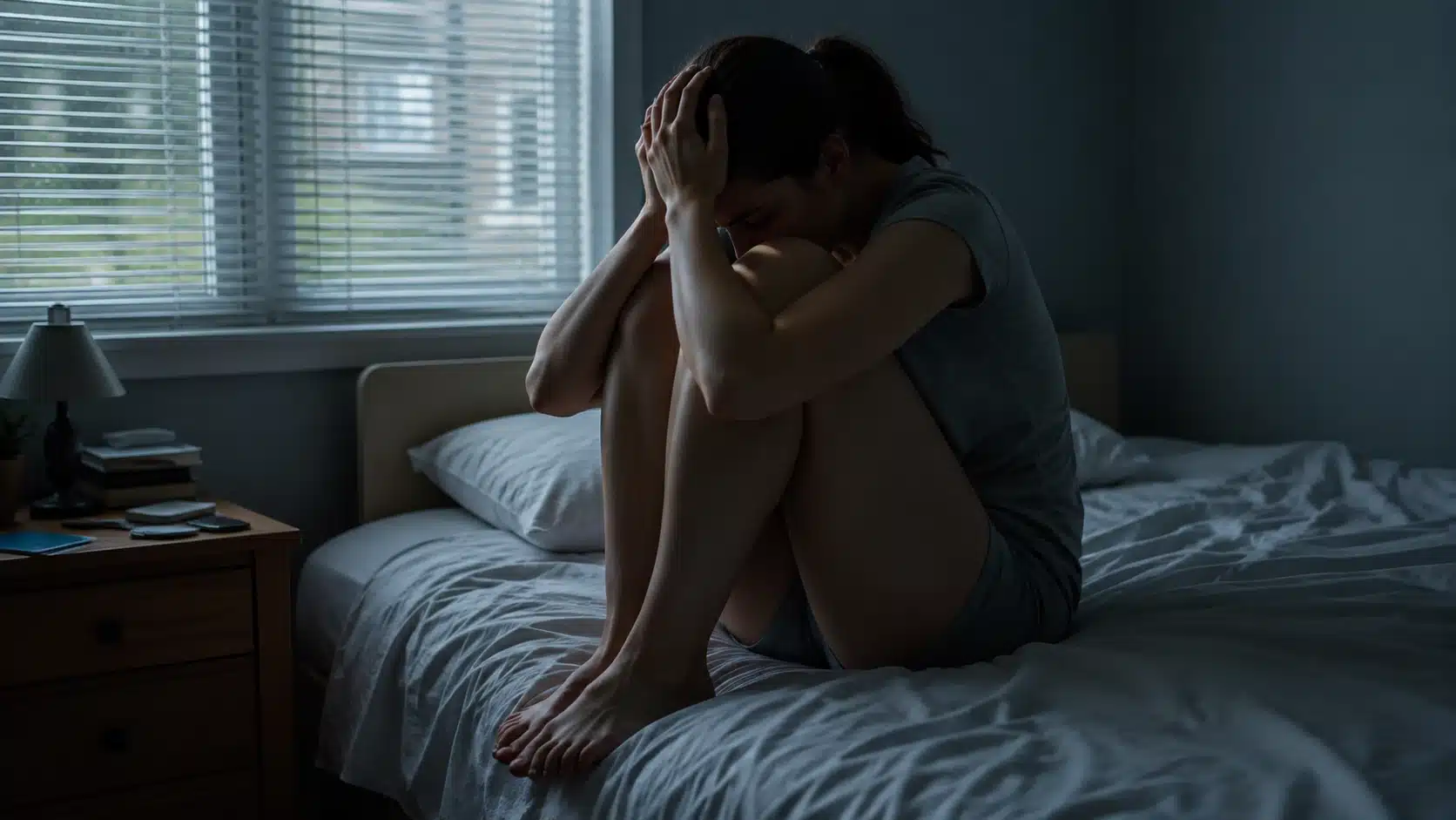 Young woman sitting curled up on a bed with her head lowered in a dim, cool-toned bedroom.