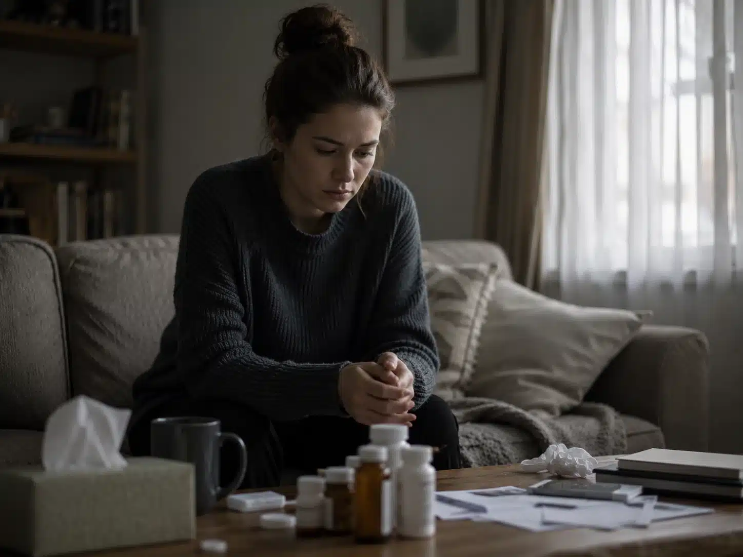 Young woman sitting alone on a sofa with hands clasped, looking worried while medicine bottles, tissues, and papers sit on the table