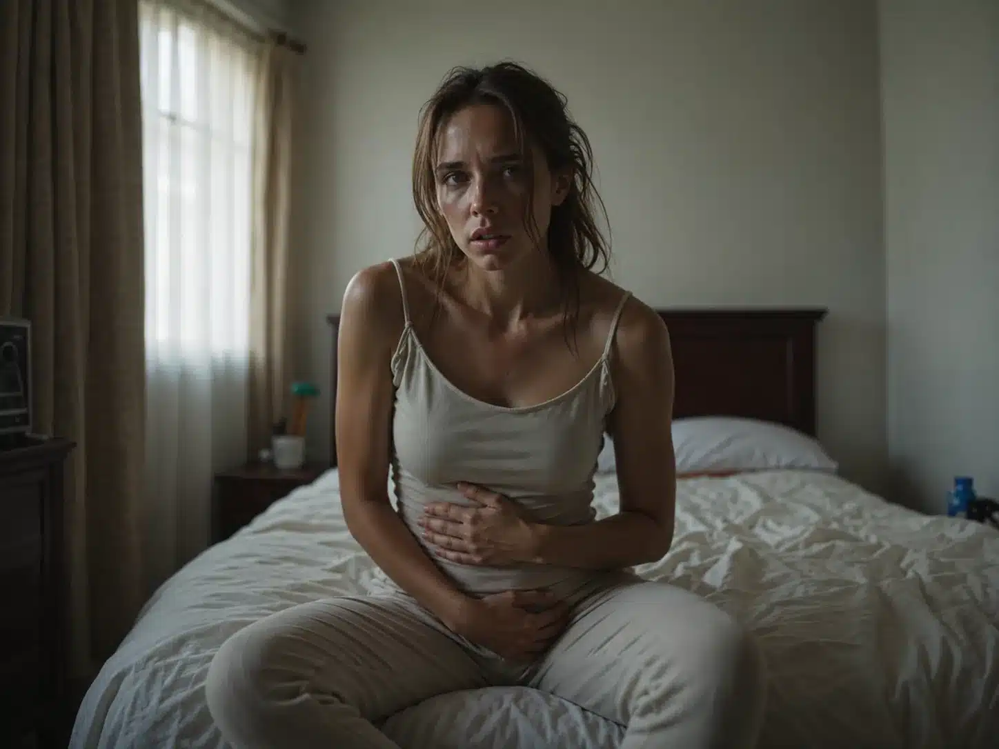 Distressed woman sitting on a bed holding her stomach in a dim bedroom