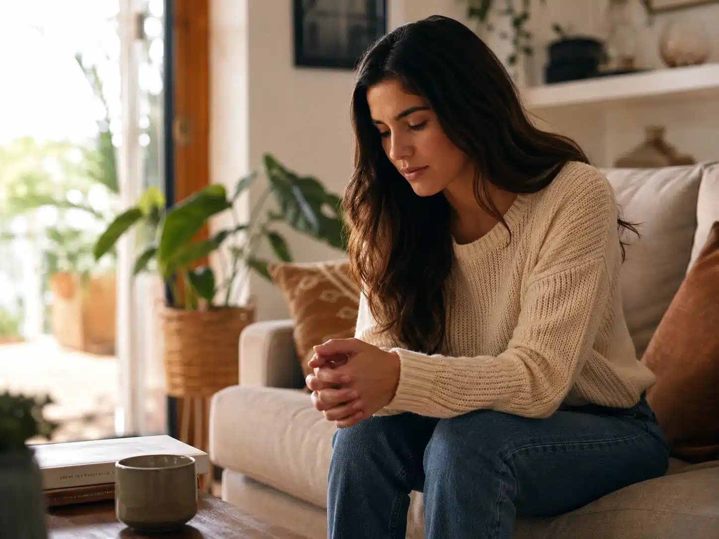 Young woman sitting forward on a sofa with her hands clasped, looking thoughtful in a warm, softly lit living room