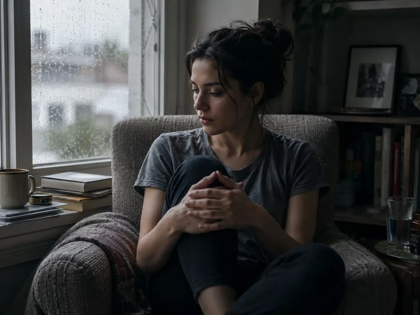 Young woman sitting curled up in an armchair beside a rain-covered window, quietly holding one knee in a dim, reflective room.