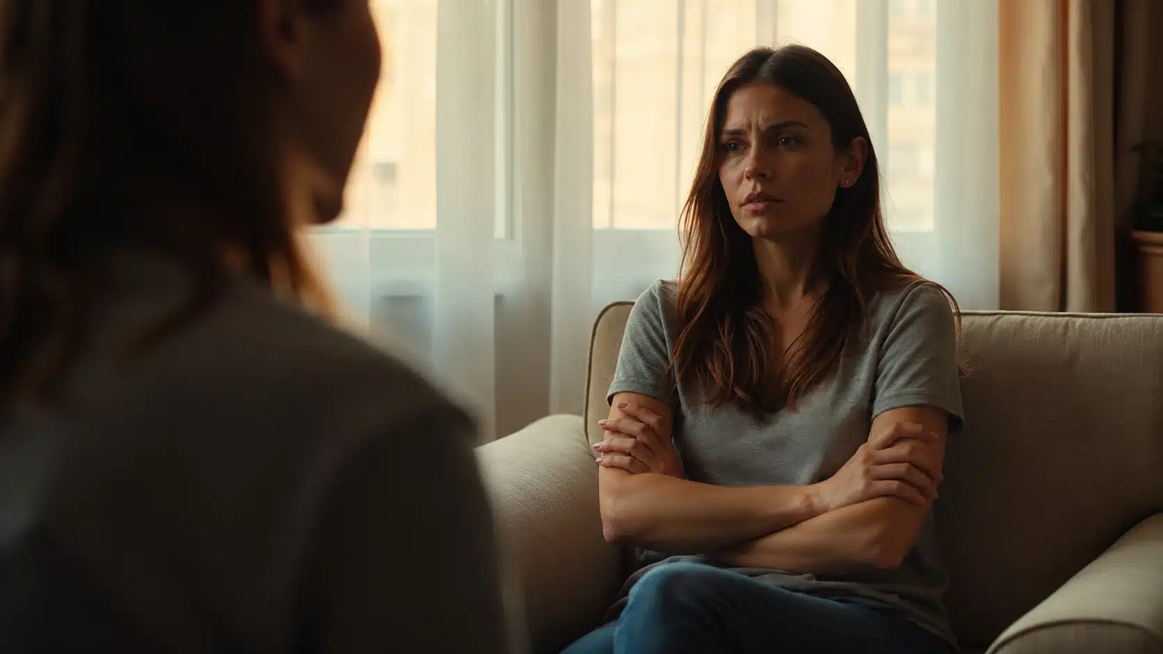 Woman sitting with her arms crossed during a serious conversation in a softly lit room.