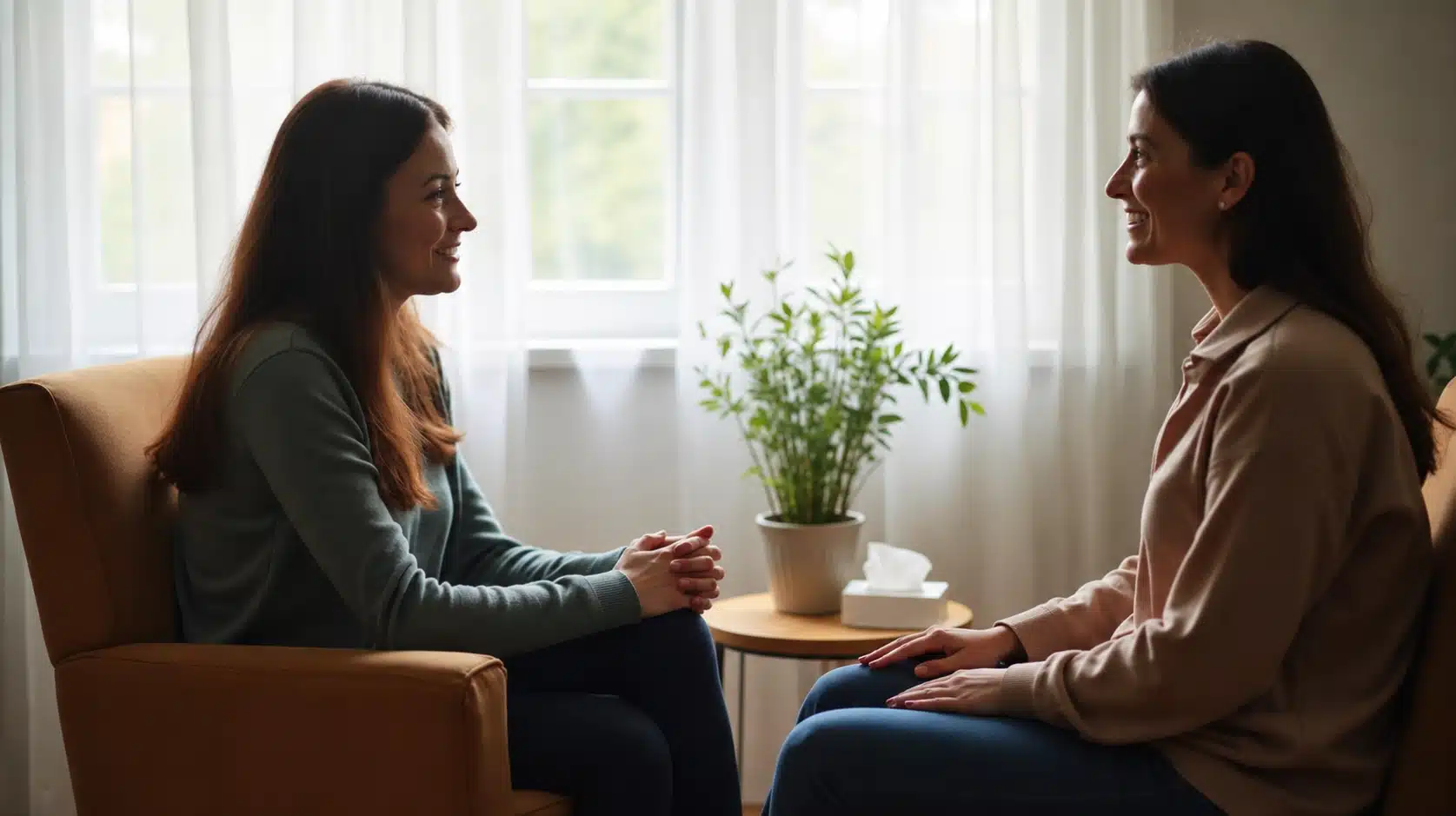 Two women having a warm conversation while seated across from each other by a bright window