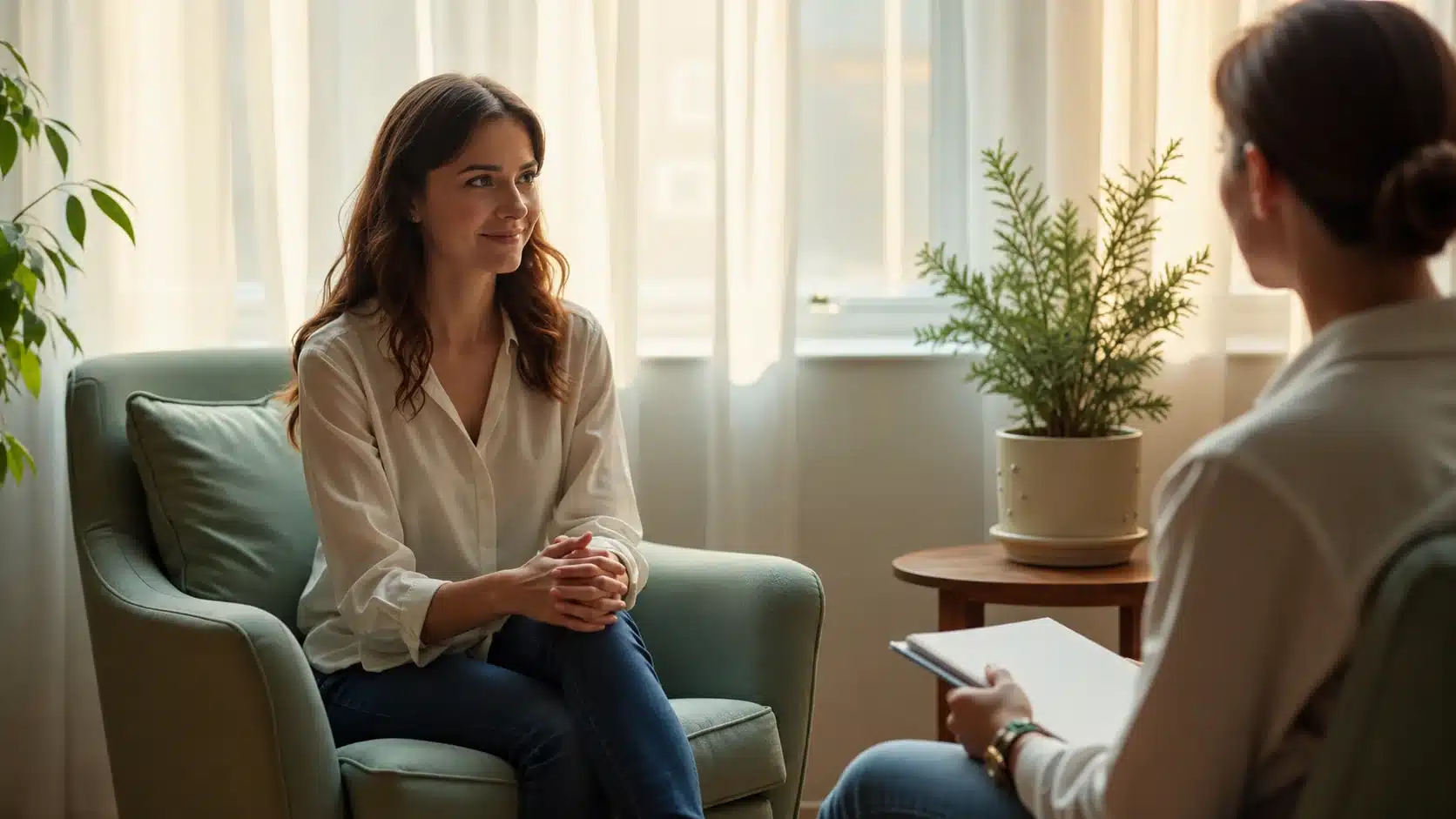 Woman having a counseling session while sitting in a chair and speaking with a therapist in a warm, softly lit room