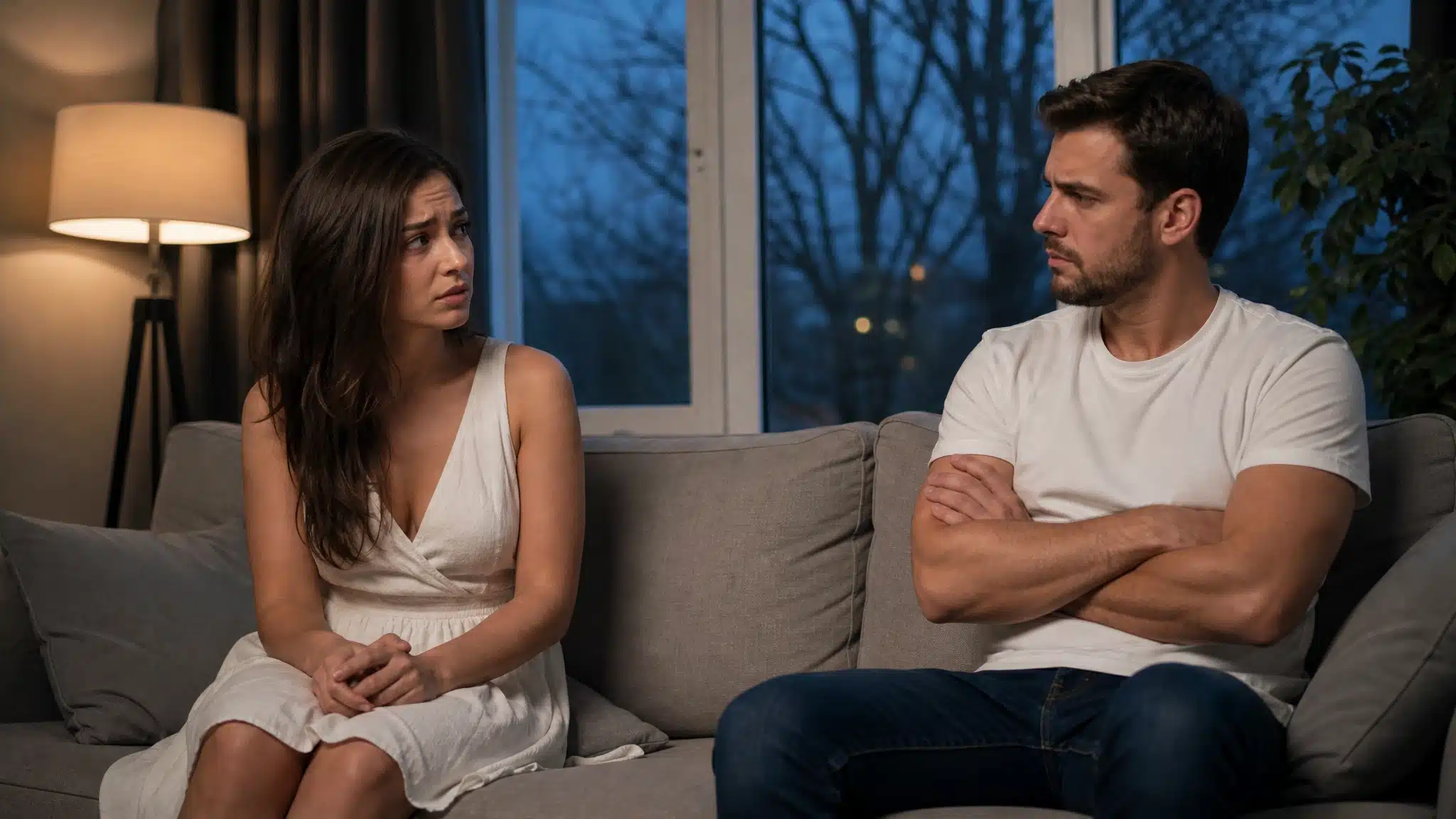 Couple sitting apart on a sofa during a tense conversation, showing emotional distance.