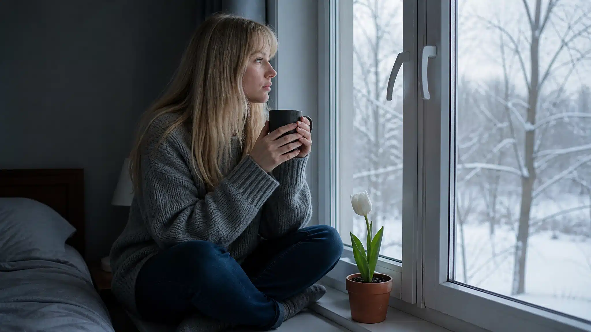 Woman holding a warm drink by a snowy window beside a white tulip during winter.