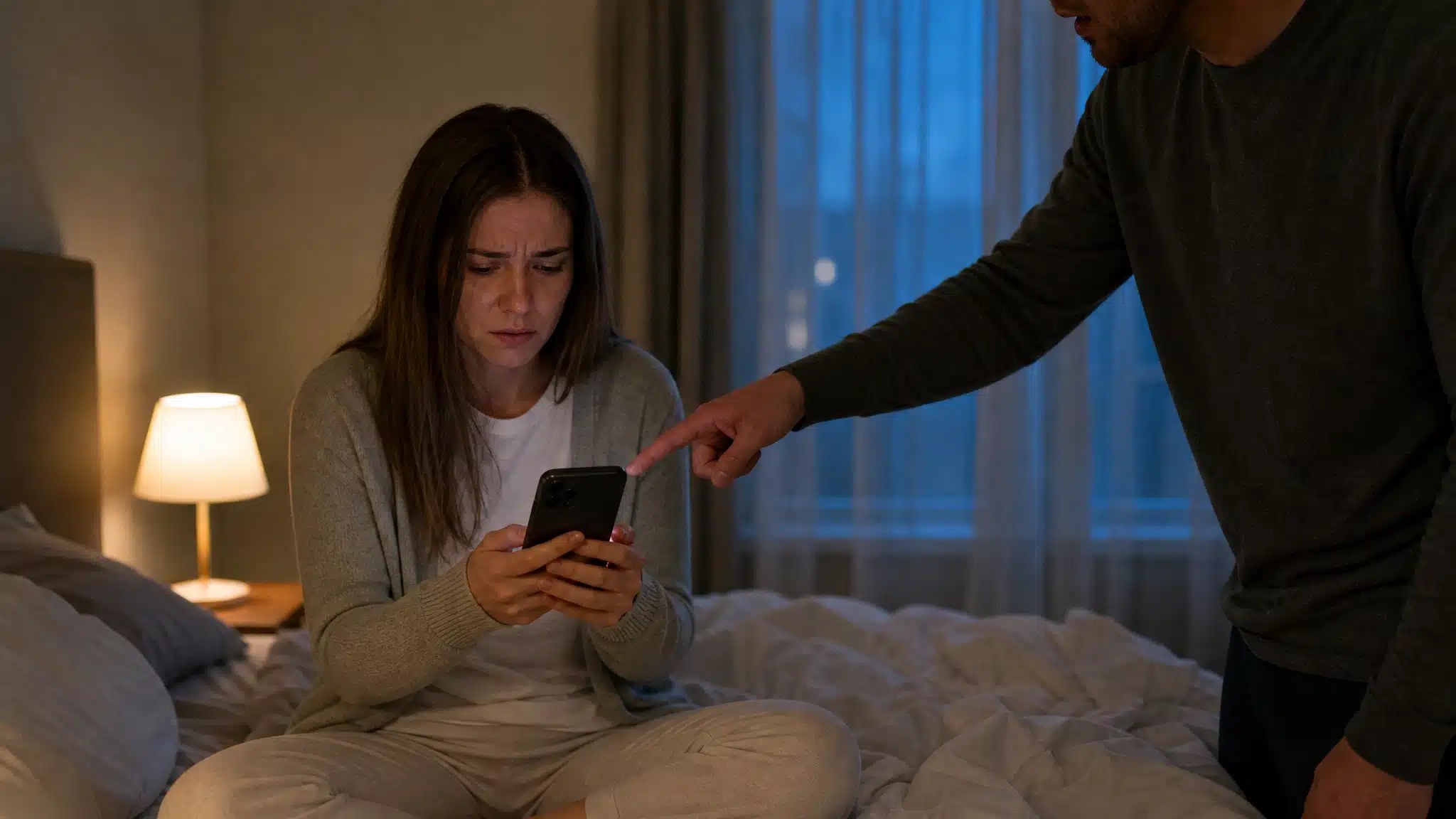 Worried woman looking at her phone while her partner points at the screen during a tense interaction.