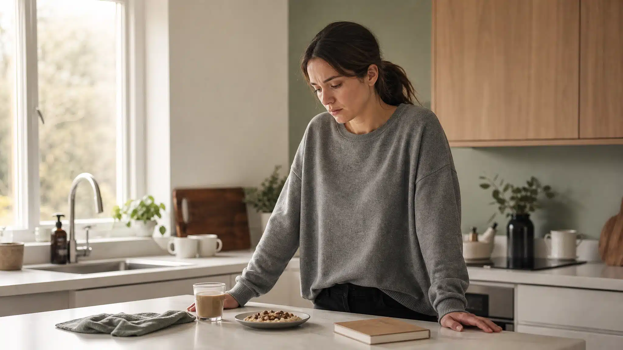 Tired woman standing at a kitchen counter preparing breakfast on a quiet morning.