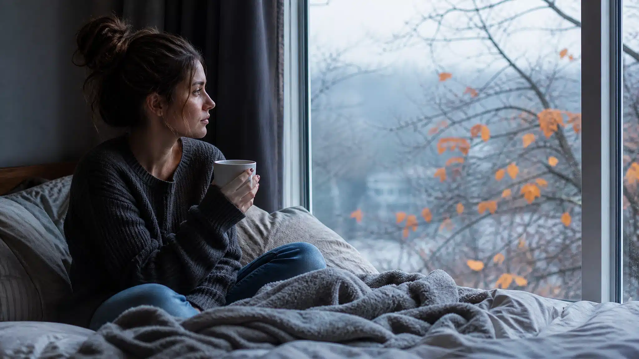 Woman sitting by a window during autumn, experiencing sadness and seasonal mood changes.