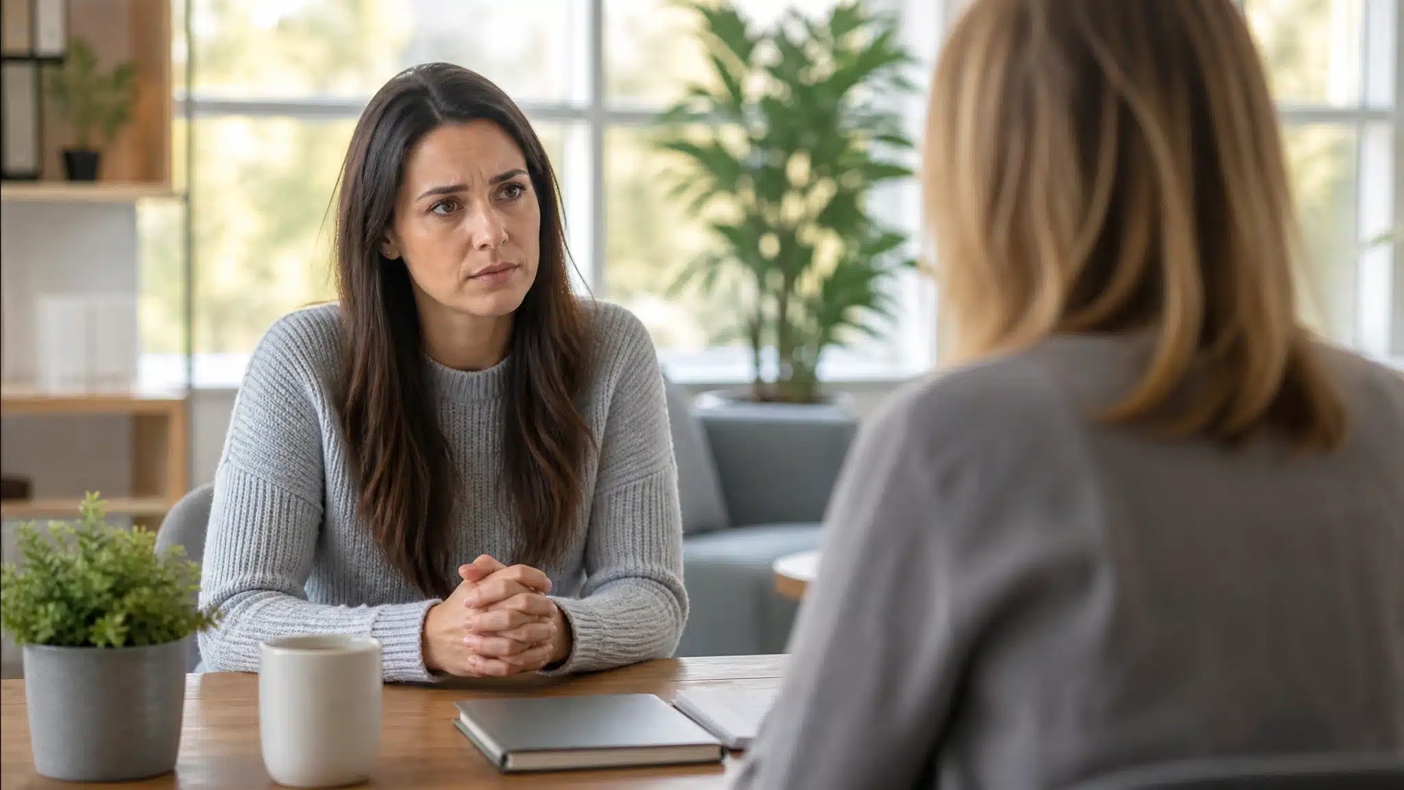 Woman discussing mental health concerns with a female therapist during an individual counseling session.