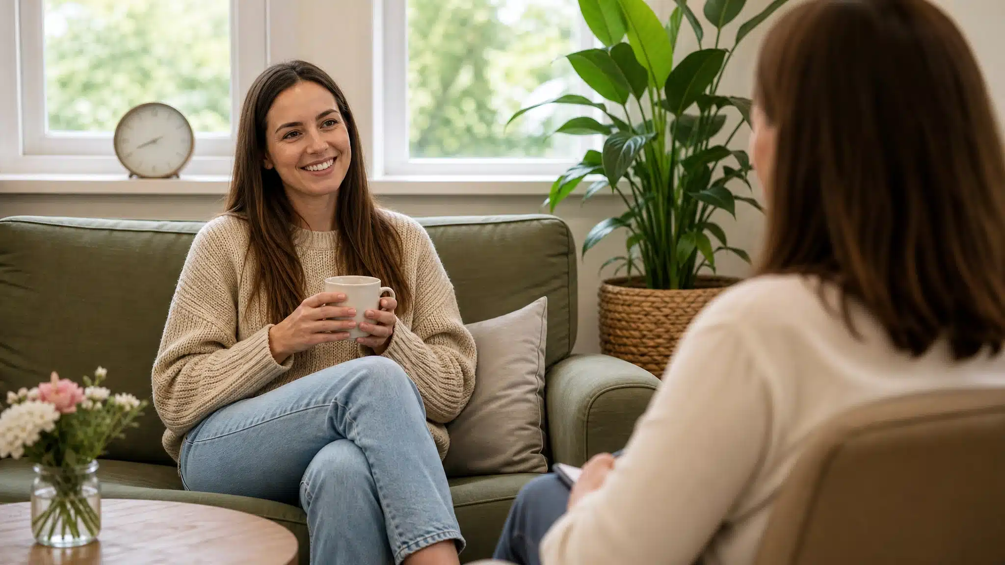Smiling woman holding a coffee mug while talking with a therapist during a counseling session.