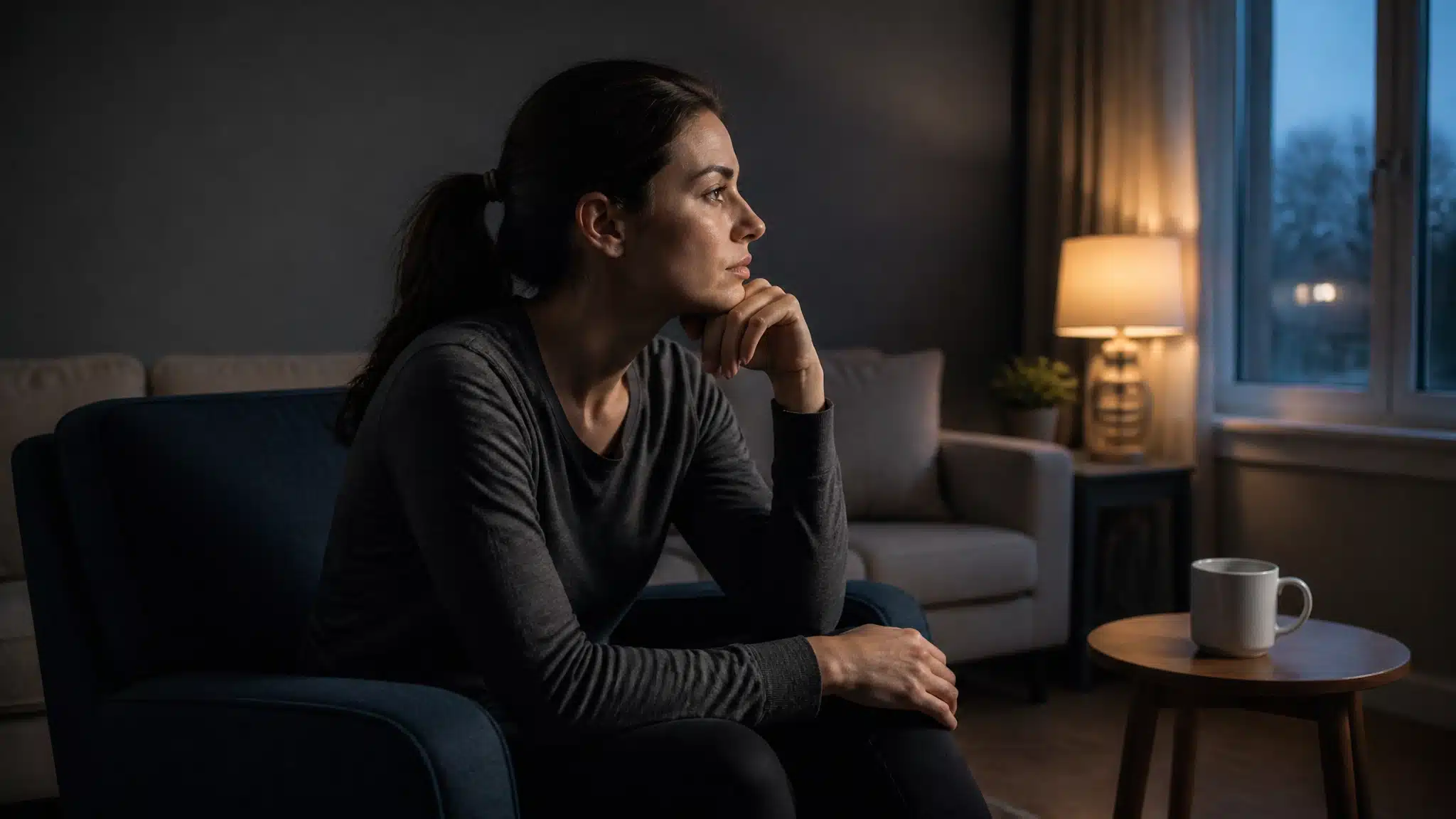 Sad woman sitting alone in an armchair, looking toward a window in a dimly lit room.