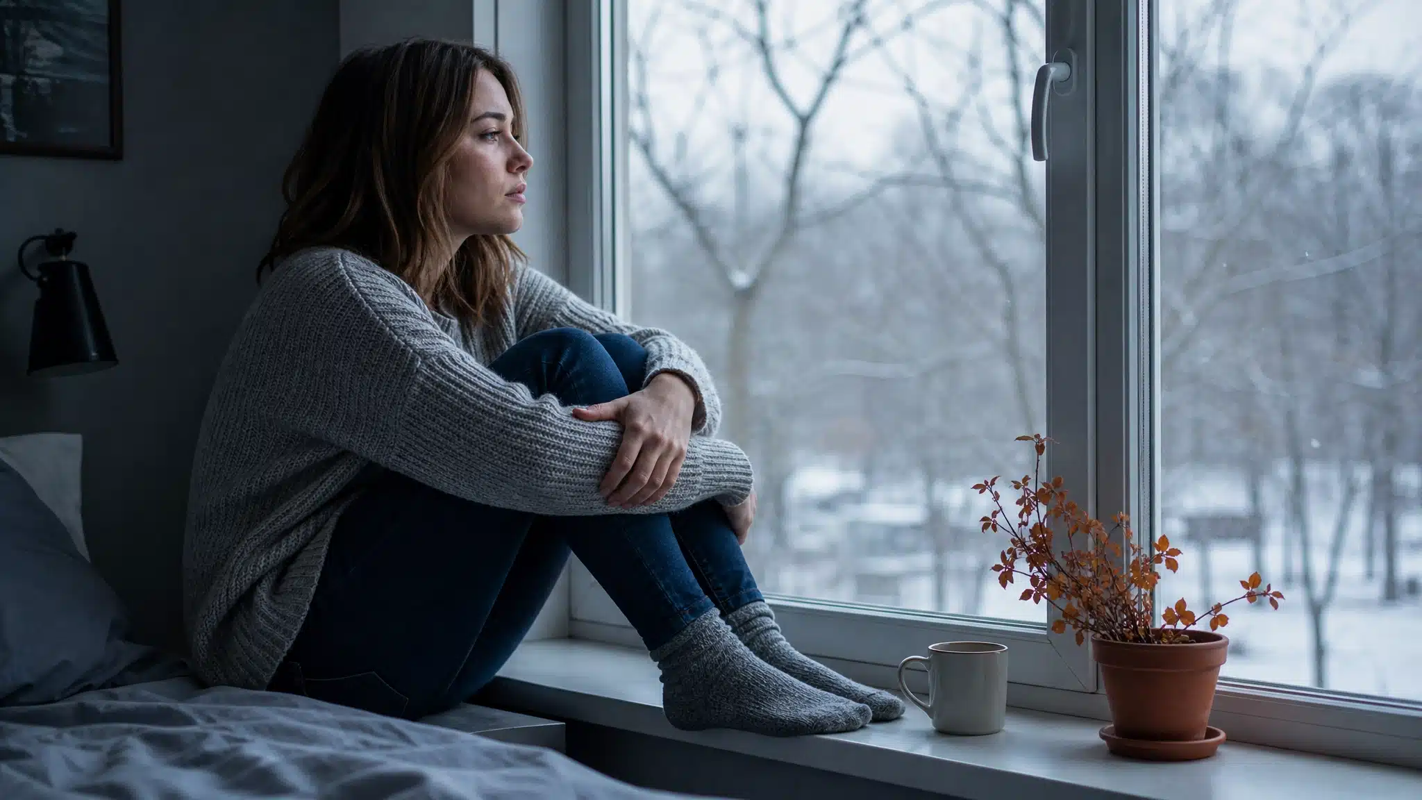 Woman sitting by a winter window, looking sad and experiencing seasonal mood changes.